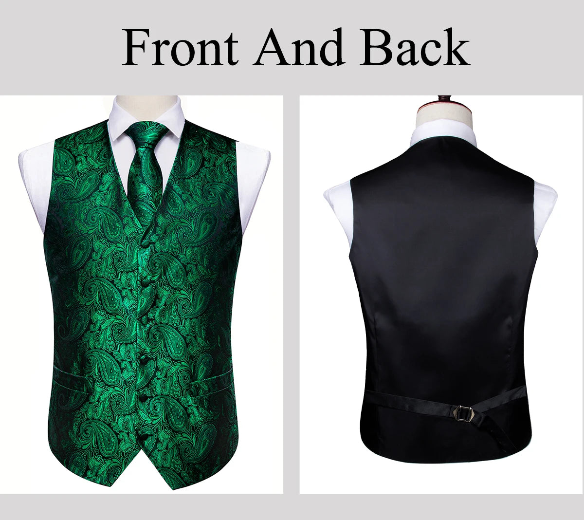 Gilet pour homme vert Paisley Floral slim — sans manches, formel, cravate, pochette assortie