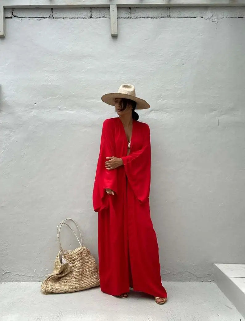 Robe de Plage Longue avec Ceinture pour Femme, Kimono Sexy, Cardigan d'Été, 5 Couleurs Unies