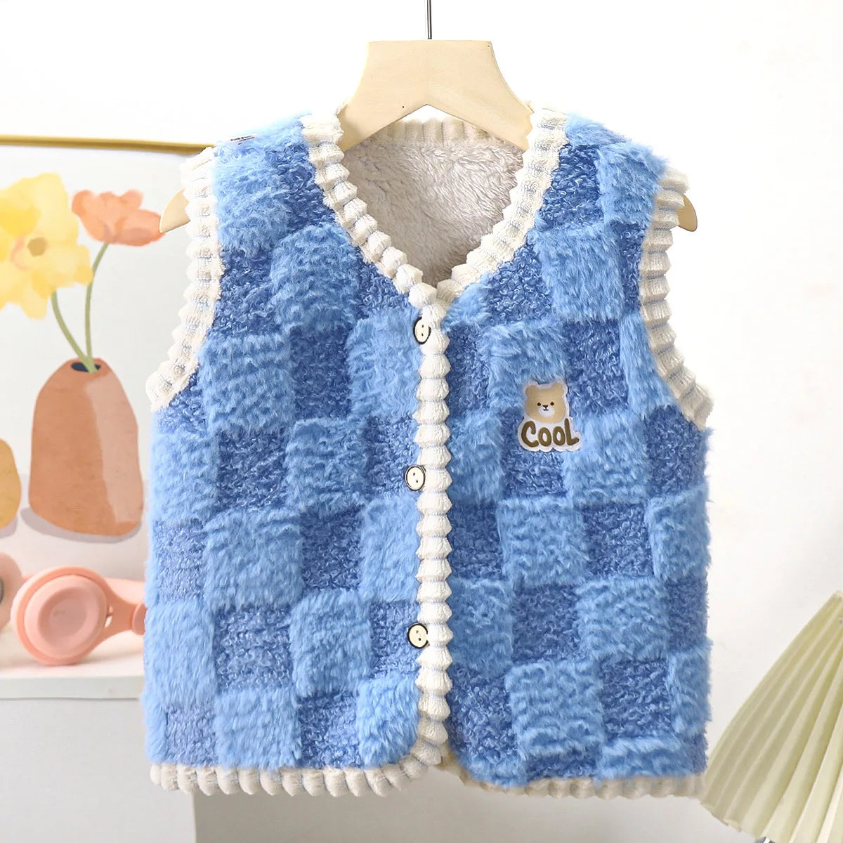 Manteau polaire pour enfants, Gilet chaud Double épaisseur, motif à carreaux, pour garçons et filles, vêtements d'extérieur sans manches, automne et hiver