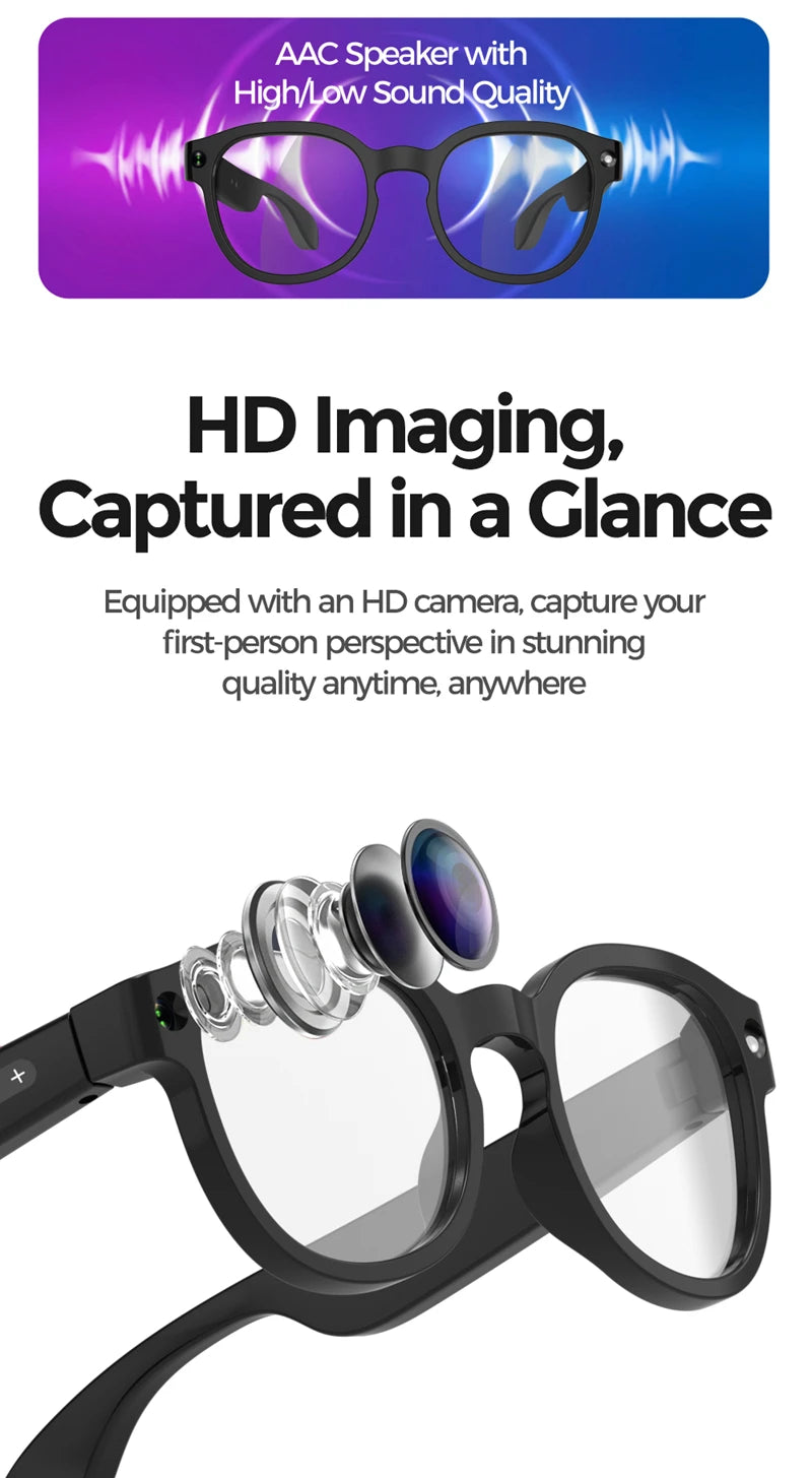 Lunettes intelligentes IA 2026 — traduction IA, caméra HD 8MP, vidéo 4K, appel Bluetooth, enregistrement, musique