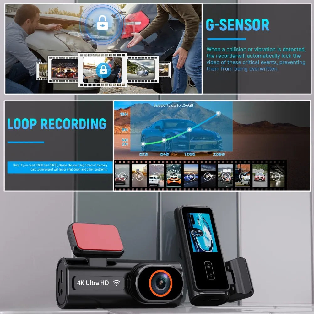 Ultra HD 4K Car Front Dash Cam, Mini WIFI DVR Black Box, with 24H Parking Monitor, Night Vision, Optional GPS/Rear View Camera