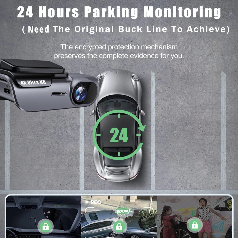 Cámara de salpicadero WIFI 4K 3840x2160P, DVR para coche, grabador de conducción de vídeo, registrador, caja negra, vigilancia 24 horas, visión nocturna