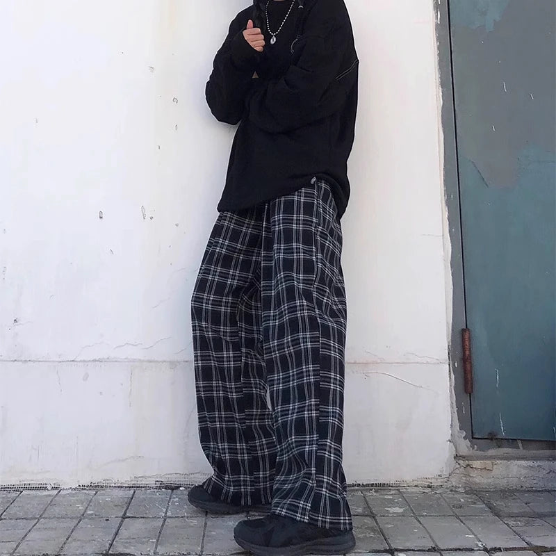 Women's Oversized Trousers Fashion Summer Black Plaid Sweatpants Casual Elastic Waist Pockets Casual Student Unisex Trousers