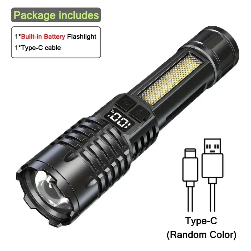 Lampe de poche LED haute puissance, torche étanche rechargeable de Type C avec lumière latérale COB, lampe d'extérieur Portable avec Zoom pour Camping et randonnée