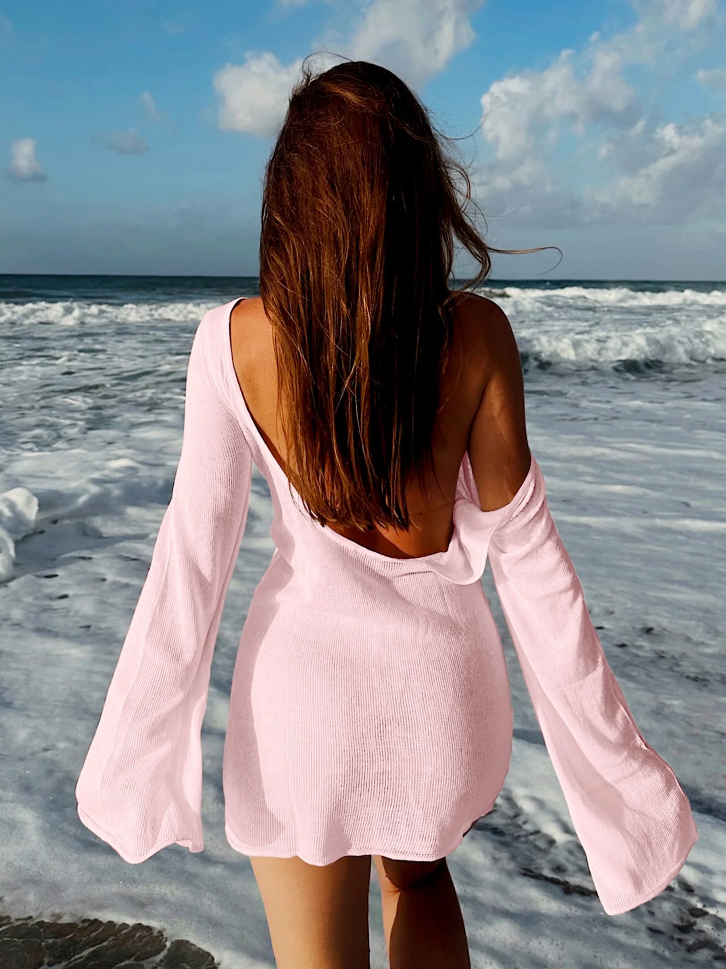 Robe de plage en tricot transparent pour femmes, dos nu, manches cloche, couleur unie, coverups de bain, élégante, col rond, mini, été, 2025, K98