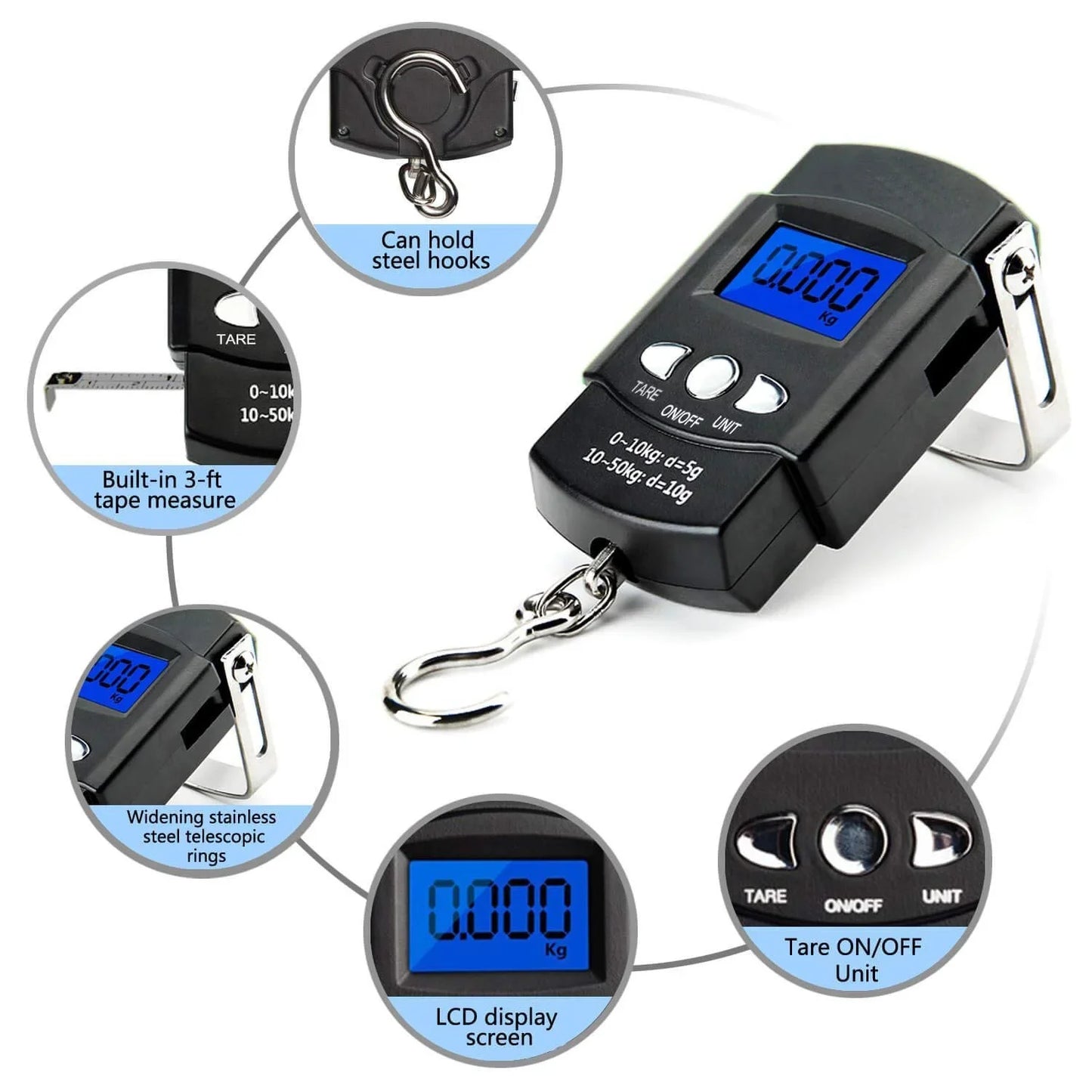 FLYSAND 110lb/50kg Balance électronique rétro-éclairé écran LCD avec ruban à mesurer Balance numérique pêche crochet suspendu Balance outil