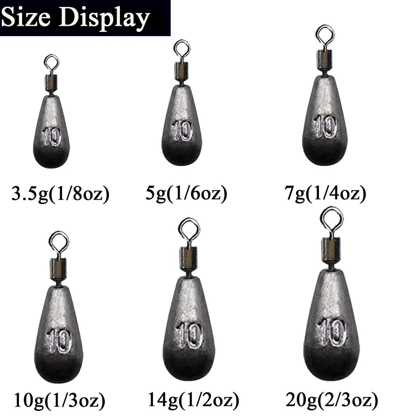 10 pièces par lot, plombs de pêche en 3.5g, 5g, 7g, 10g, 14g et 20g, poids en forme de goutte d'eau, accessoires de matériel de pêche
