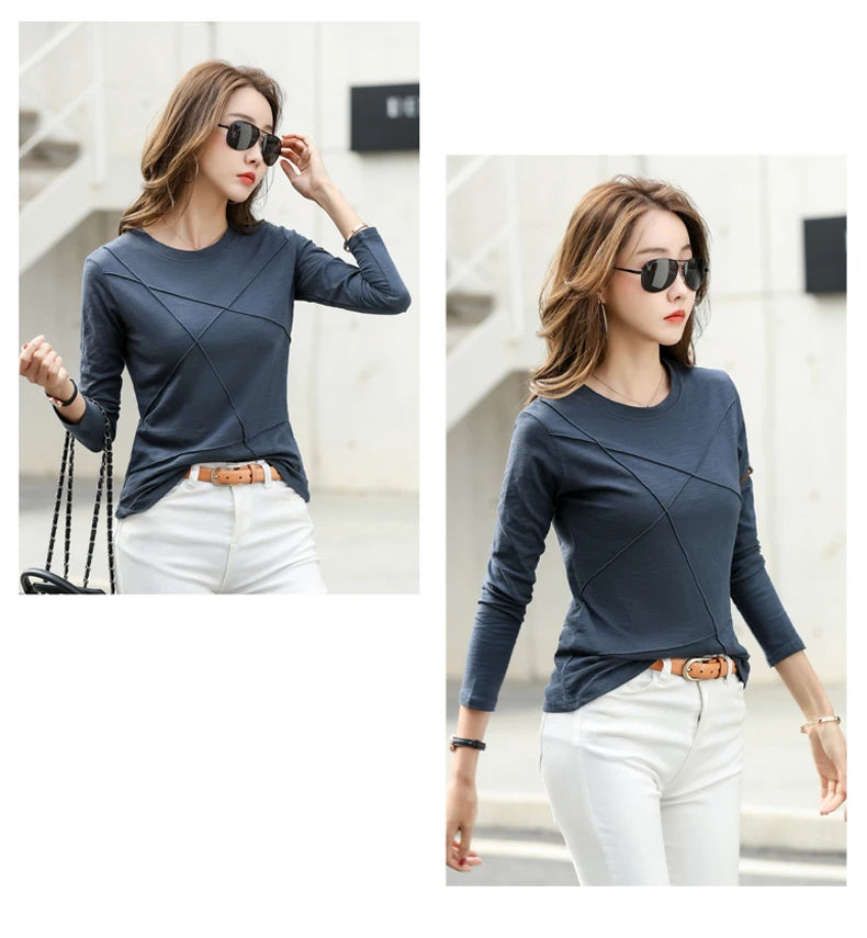 2026 printemps à manches longues femmes col rond bambou coton T-Shirt élégant ample côtelé mode T-Shirt dames Simple hauts