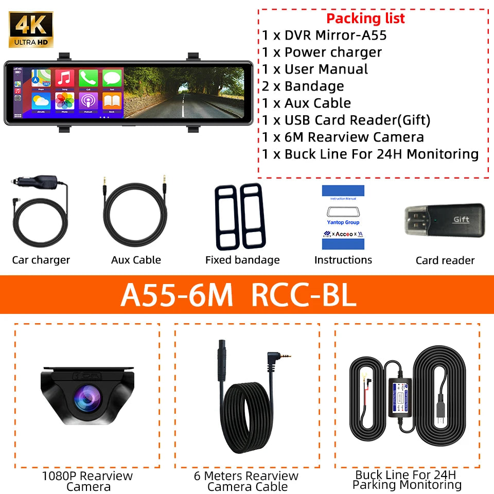 Dashcam Rétroviseur 4K — Carplay Sans Fil Android Enregistrement 24H Stationnement
