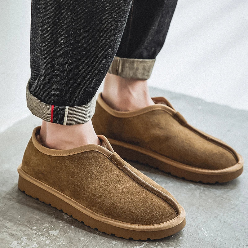Zapatillas de piel cálidas sin cordones para hombre, botas de nieve impermeables, botas de lavado, zapatos de invierno