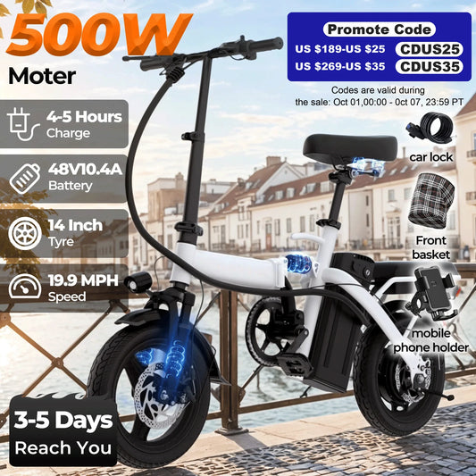 Vélo Électrique 14 Pouces Pliable 500W — Banlieue Adulte Batterie Amovible 20 Miles