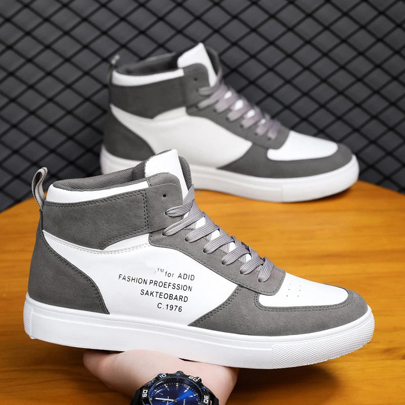 Men's Leather Skateboard Shoes, High-Top Sneakers, Casual Sports Shoes, Street Shoes, Flat Walking Shoes