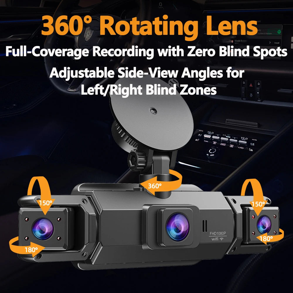 Dashcam 4 Canaux WiFi 360° — Stationnement 24H Intérieur Avant Arrière