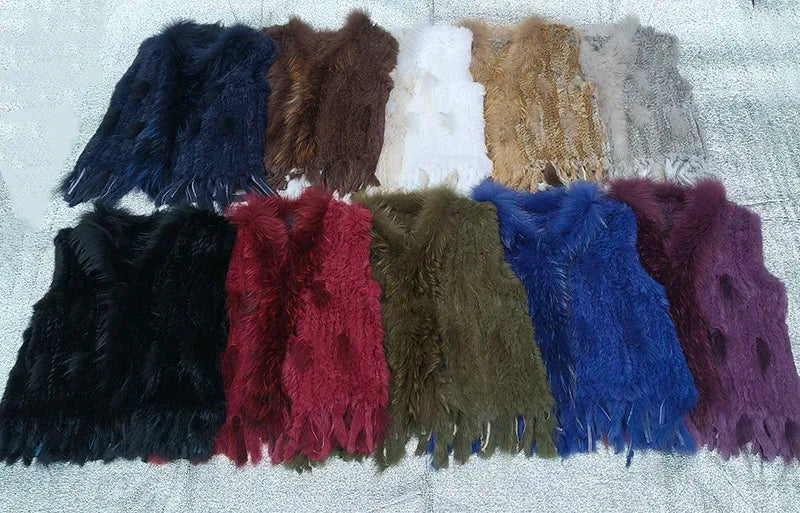 Chaleco de punto de piel de conejo natural auténtica con pompón, chaleco cálido sin mangas para mujer, con ribete de piel de mapache auténtica