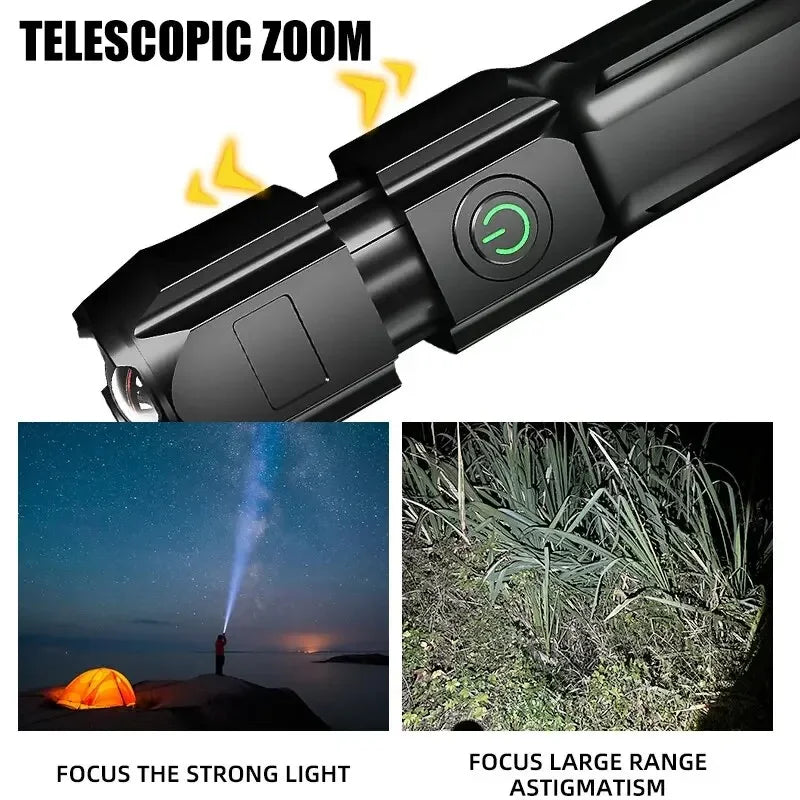 Linterna LED potente, recargable por USB, batería de litio integrada, resistente al agua, con zoom, para pesca, caza, camping, linterna táctica