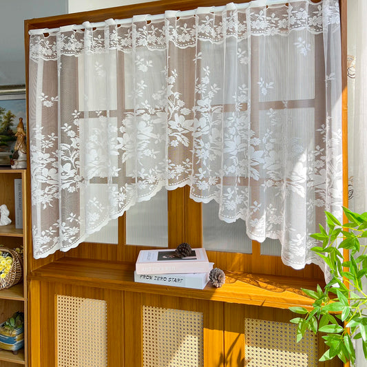 Cortina triangular transparente con flores blancas, media cortina para ventana pequeña de cocina, visillo de bolsillo para barra de decoración de estilo rústico francés