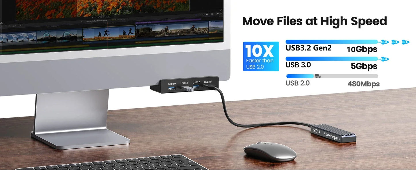 Hub USB 10 Gbps — adaptateur séparateur USB 3.2/3.0/2.0, station d'accueil multi-clips, bureau