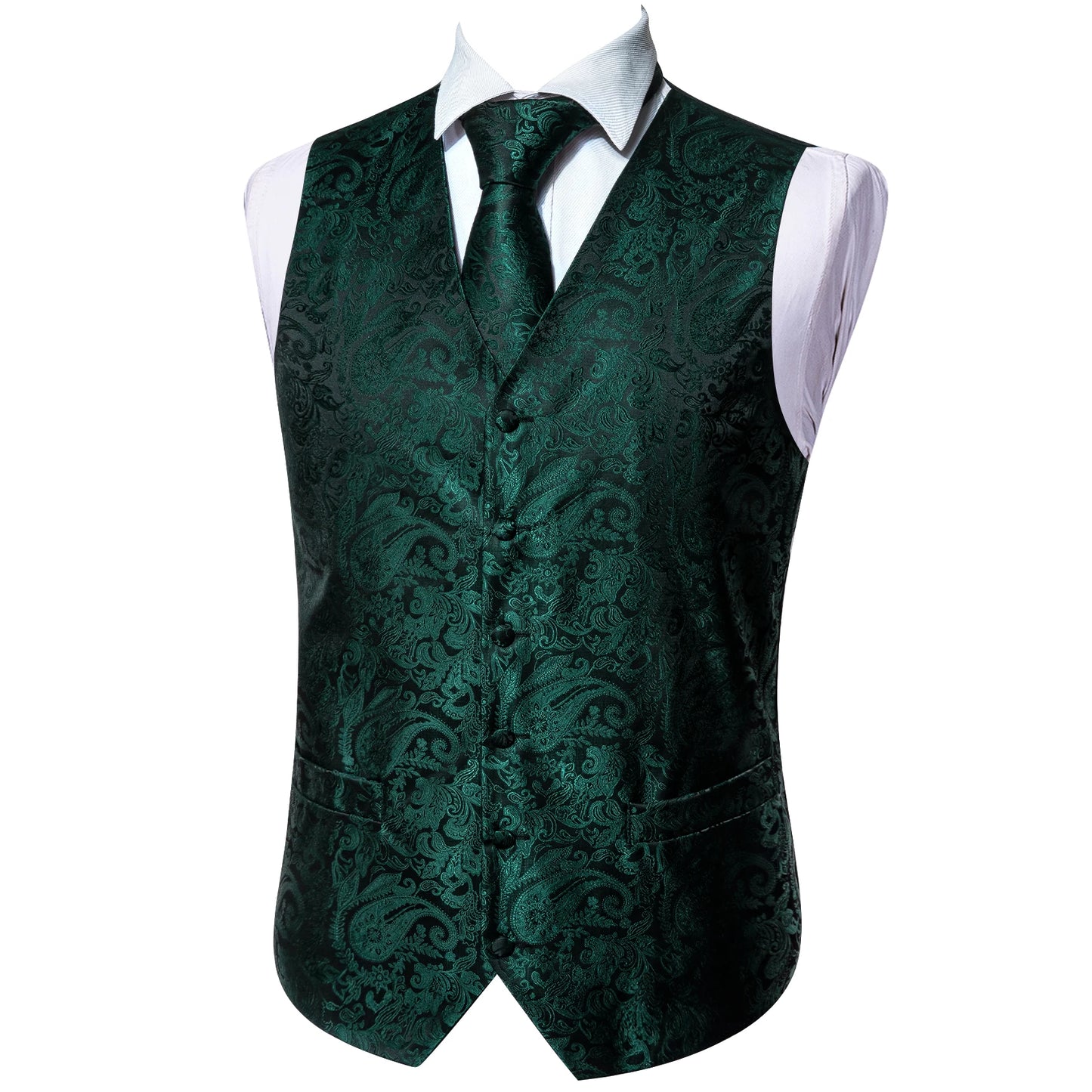 Gilet pour homme vert Paisley Floral slim — sans manches, formel, cravate, pochette assortie