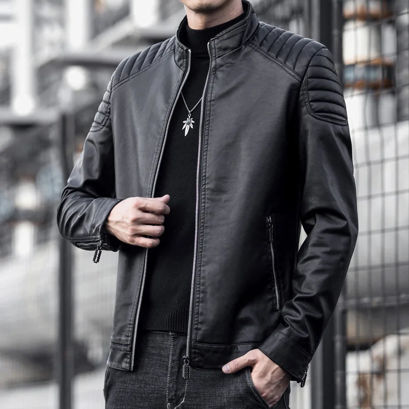 Veste de moto en cuir PU pour homme, col montant, coupe-vent décontracté, vêtements ChimMens, noir, bleu, hiver, 2024