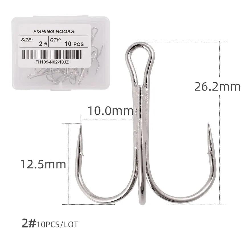 Hameçons triples de pêche aiguisés blancs, matériel de pêche au poisson, outils et accessoires, 10 pièces/boîte