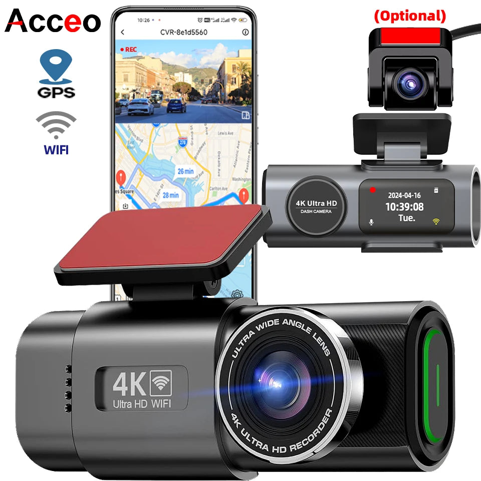4K UHD Car Dash Cam, Night Vision DVR Video Recorder, Built-in Wi-Fi, 24H Parking GPS Support