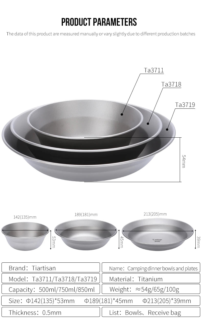 Tiartisan-Filles à repas de camping en titane, assiettes, ustensiles, randonnée en plein air, ultraléger, portable, empilable, plats à salade, ensemble de britware