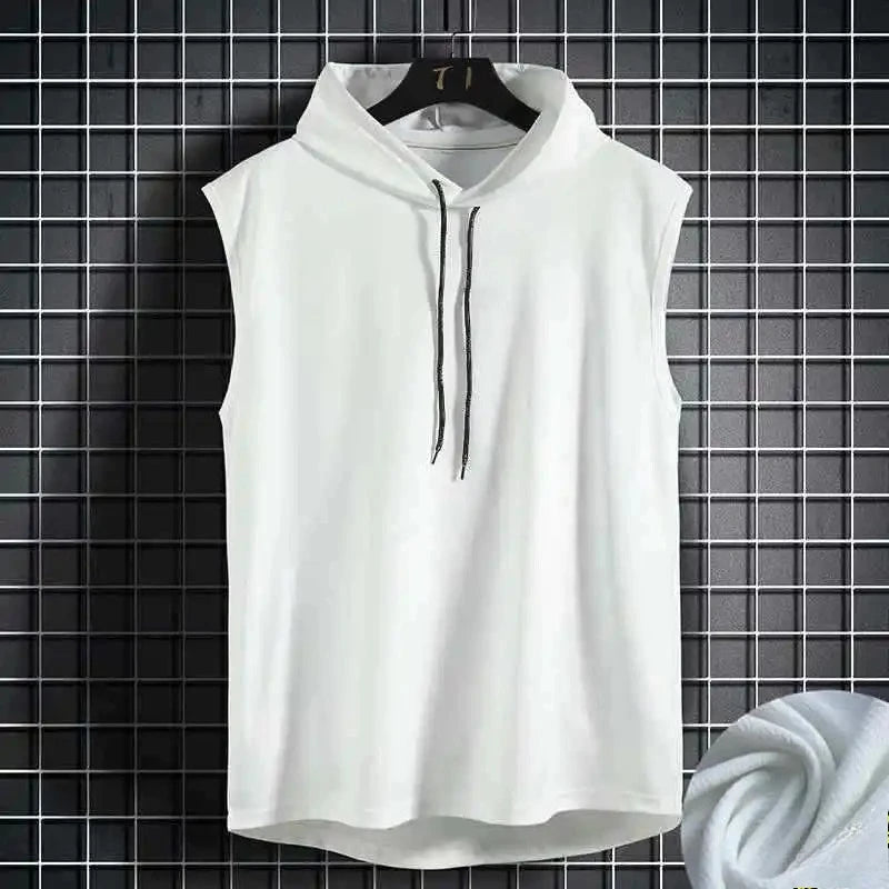 Hombres corbata cuello con capucha sin mangas chalecos masculino verano suelto sólido camiseta Hip Hop tops