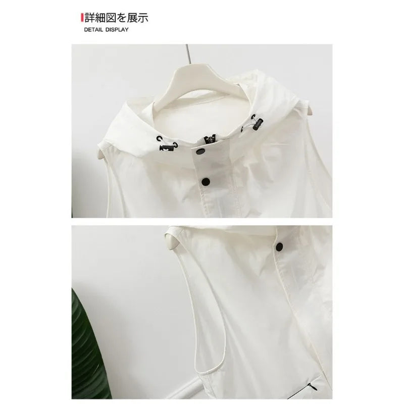 Gilet utilitaire sans manches à capuche gris clair pour femmes, fermeture éclair sur le devant, cordon de serrage, poche à la taille, Gilet superposé décontracté pour l'extérieur