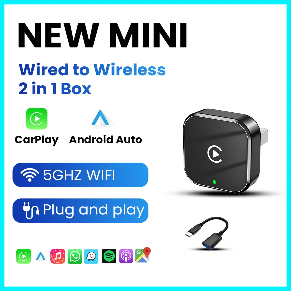PLAYAIBOX Inalámbrico 2 en 1 CarPlay Android Auto Inalámbrico Supermini Box Adaptador Plug And Play Dongle Bluetooth WiFi Conexión Rápida
