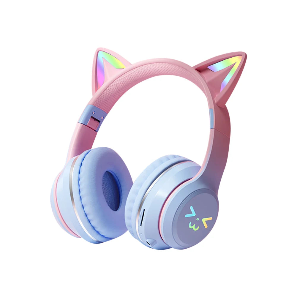 Auriculares inalámbricos degradados RGB, orejas de gato bonitas, Bluetooth, con micrófono, estéreo, para juegos de música, regalos para niñas y niños