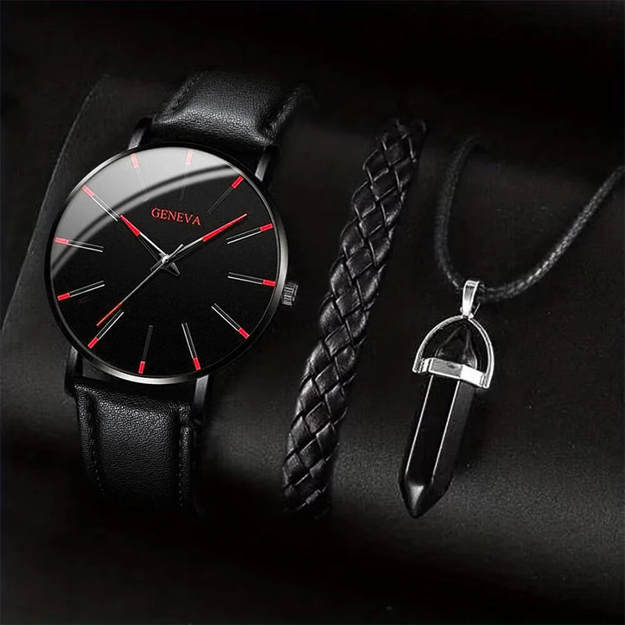 Juego de 3 unidades/set de relojes de negocios para hombre, pulsera de cuero informal, reloj de cuarzo analógico para hombre, collar y pulsera