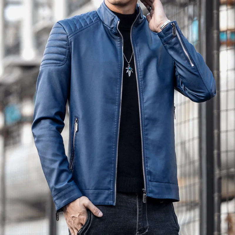 Veste de moto en cuir PU pour homme, col montant, coupe-vent décontracté, vêtements ChimMens, noir, bleu, hiver, 2024