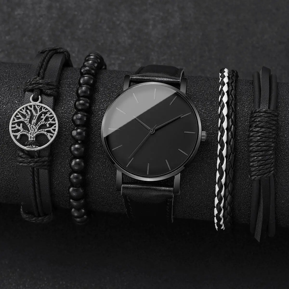 Montres Homme Tendance Ville — Cuir Quartz Vintage Ensemble Bracelets 4-5 Pièces
