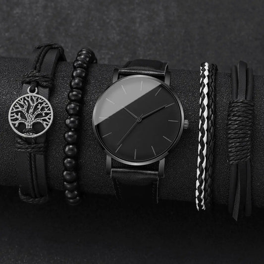 Montres Homme Tendance Ville — Cuir Quartz Vintage Ensemble Bracelets 4-5 Pièces