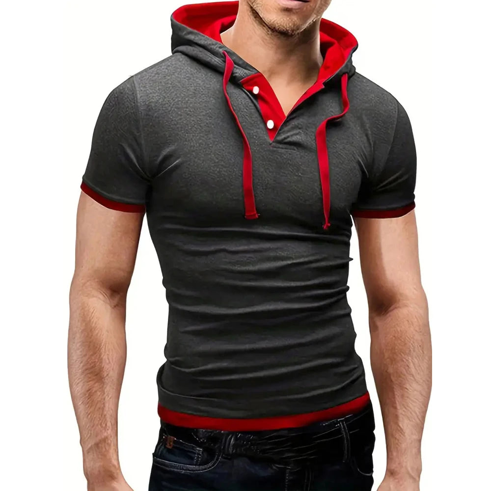 T-shirt homme 2026 été slim fitness — capuche, manches courtes, sportswear, 3XL