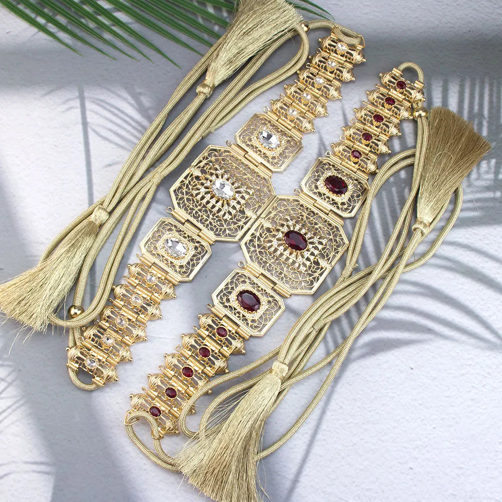Ceinture en corde à main couleur or, Caftan algérie marocain pour femmes, Bijoux de mariée en cristal, Bijoux de Festival arabe