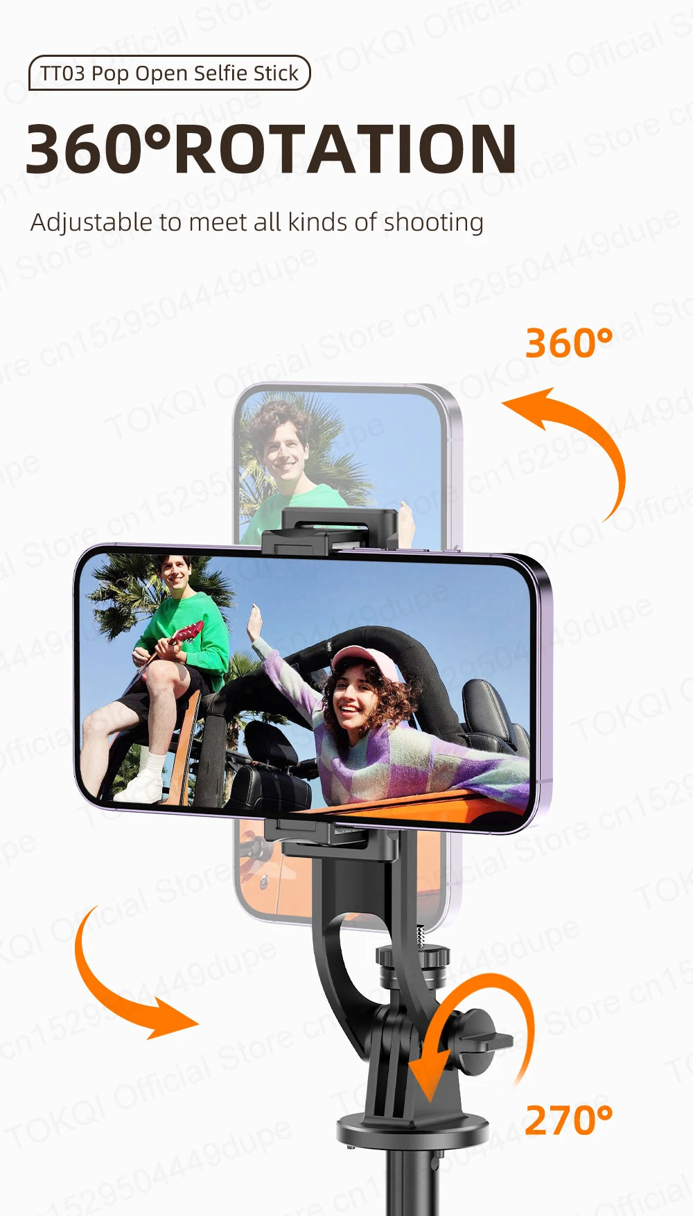 TOKQI TT03 — Perche à Selfie Extensible 1.76m Ouverture Auto Télécommande Magnétique