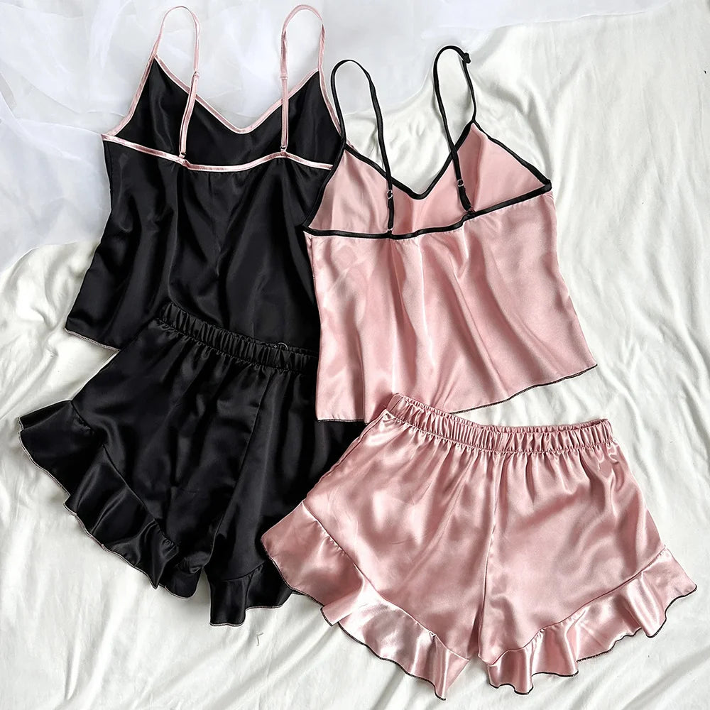 Pijama de satén liso para mujer, camiseta con cuello en V, bordes con volantes y shorts con lazo, conjunto de pijama simple y transpirable, ropa de casa con tirantes