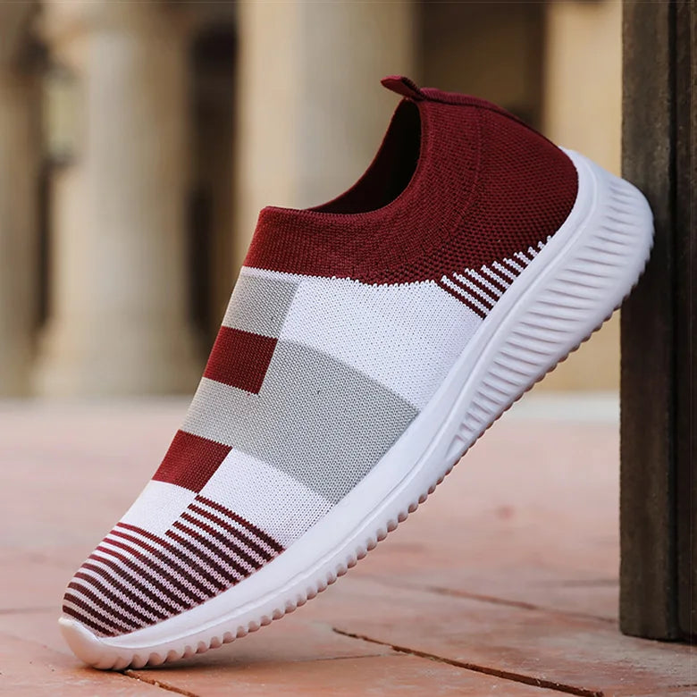 Women's Knitted Flat Sneakers with Color Mix, New Collection Vulcanized Casual Shoes