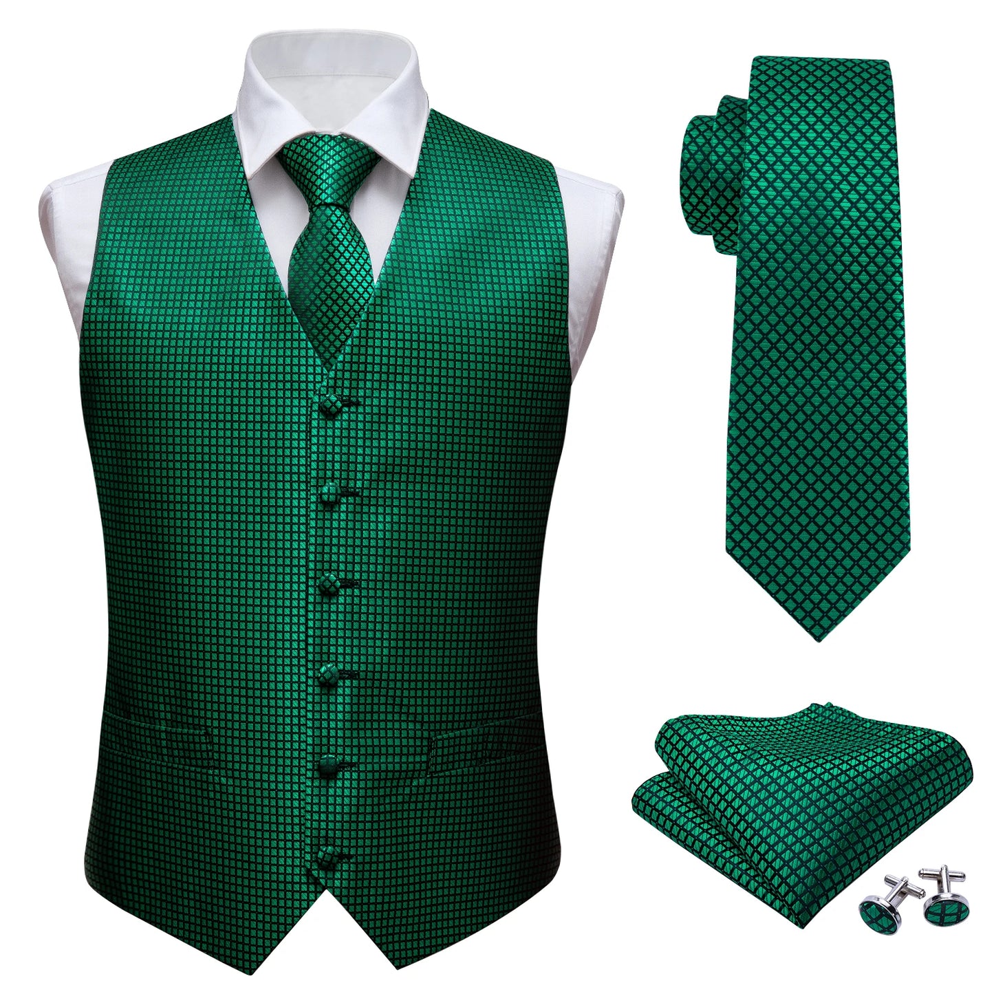 Gilet pour homme vert Paisley Floral slim — sans manches, formel, cravate, pochette assortie