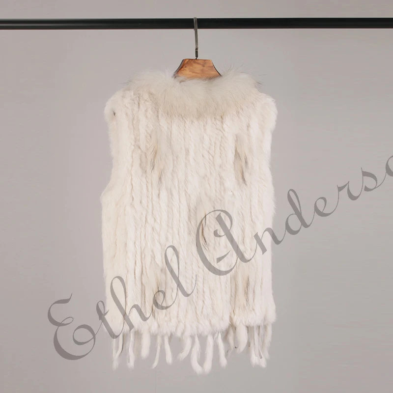 Gilet à glands en véritable fourrure de lapin tricoté — vintage, garniture fourrure raton laveur