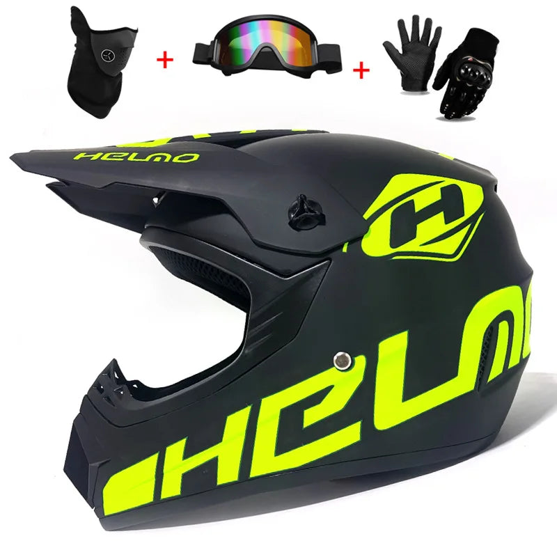Kids Full Face Motorcycle Helmet, Youth Motocross Helmets, Off-Road Goggles, Cycling Protective Gloves