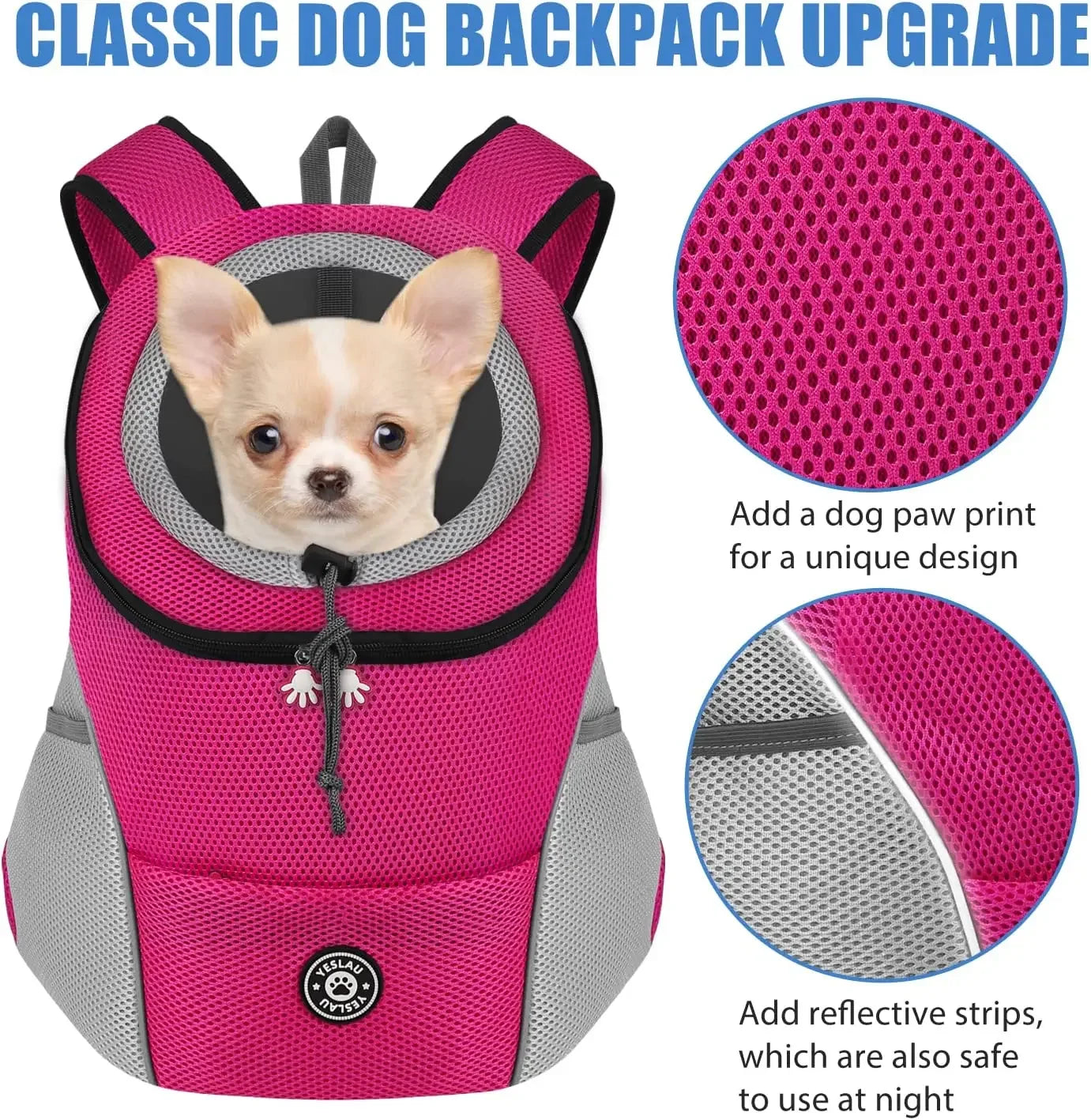 Nouveau chien animal de compagnie sac à dos transporteur sac de voyage avant Pack respirant réglable avec bandes réfléchissantes de sécurité pour la randonnée en plein air chats