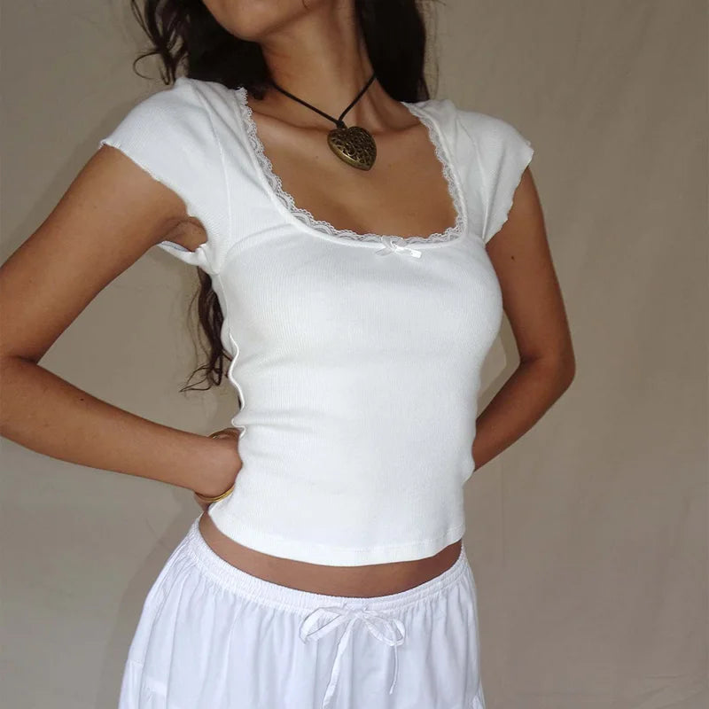 Y2K Vintage Baby T-Shirt Cottagecore Lace Trim Knitted T-Shirt Summer Square Neck Short Sleeve T-Shirt Women White Milkmaid Crop Top