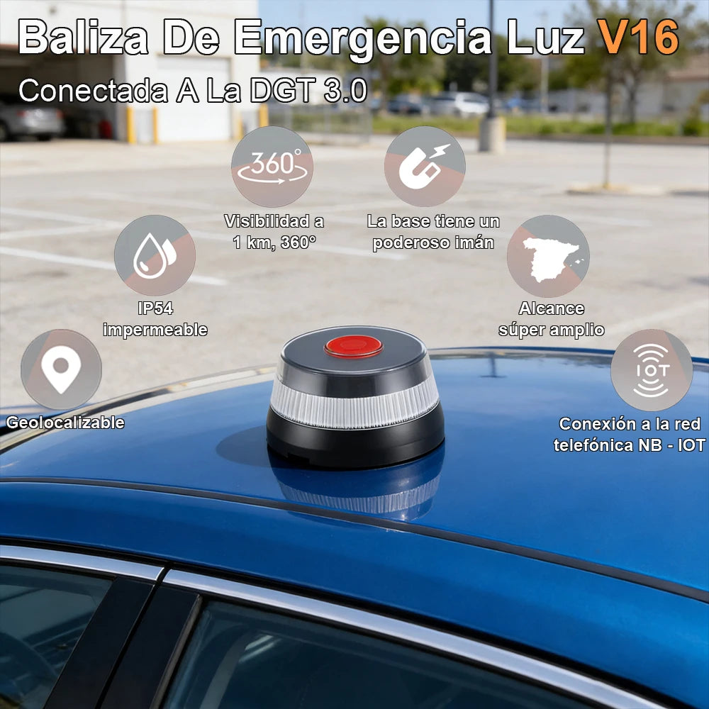 Feu de détresse automobile homologué DGT V16 avec connectivité DGT 3.0 et balise d'authentification par géolocalisation, valable jusqu'en 2038