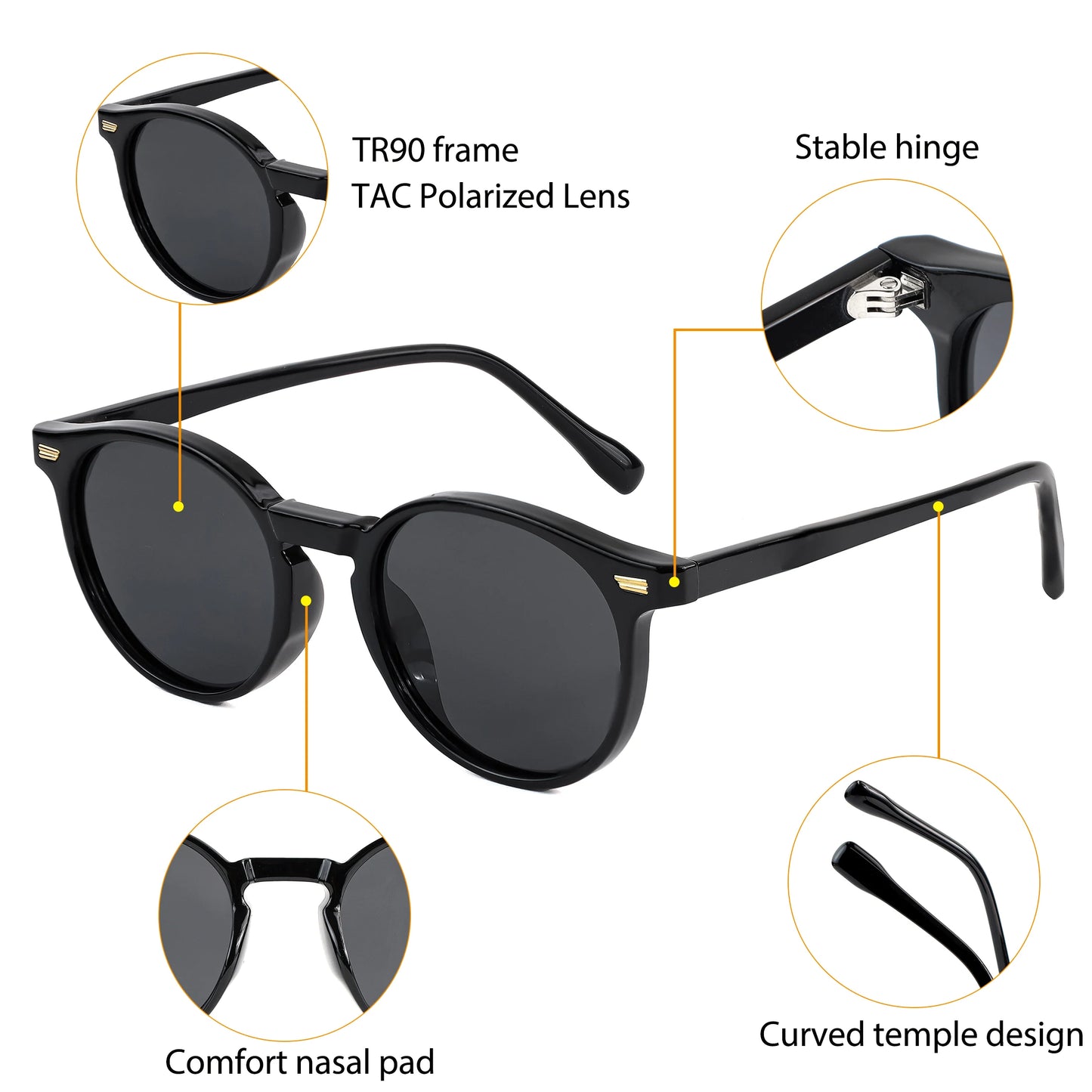 Lunettes de soleil polarisées pour hommes rondes TR90 — conduite, sport, UV400, hommes et femmes