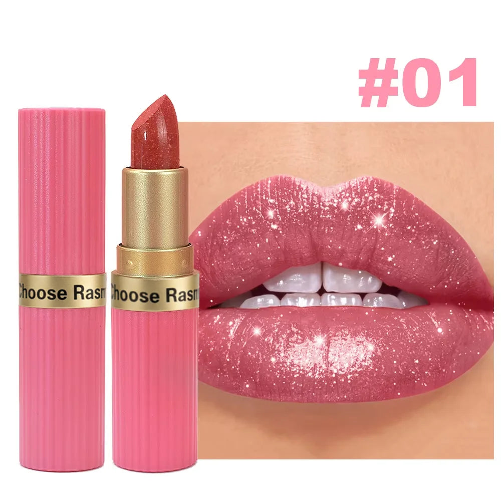 Rouge à lèvres velours rose nacré, métallique, imperméable, longue durée, mat, scintillant, diamant, maquillage cosmétique pour femmes