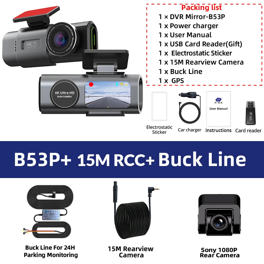 4K Dash Cam GPS WIFI APP 24H Night Vision Optional Mini Rear Lens Car Dashcam DVR Video Recorder Car Camera Black Box