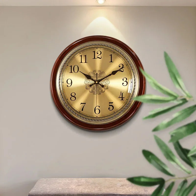 Horloge murale en bois et métal rétro — style nordique américain, or, silencieuse, chambre, salon, cadeau