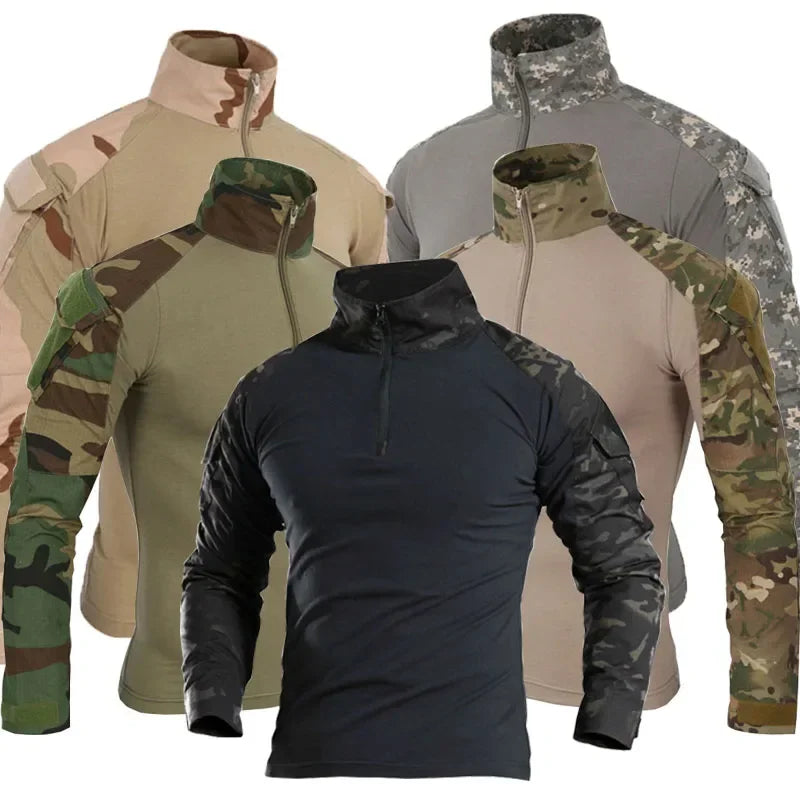 Camisetas de senderismo tácticas al aire libre para hombre, combate militar del ejército CP camuflaje de manga larga, camisa de escalada de caza, ropa deportiva de algodón